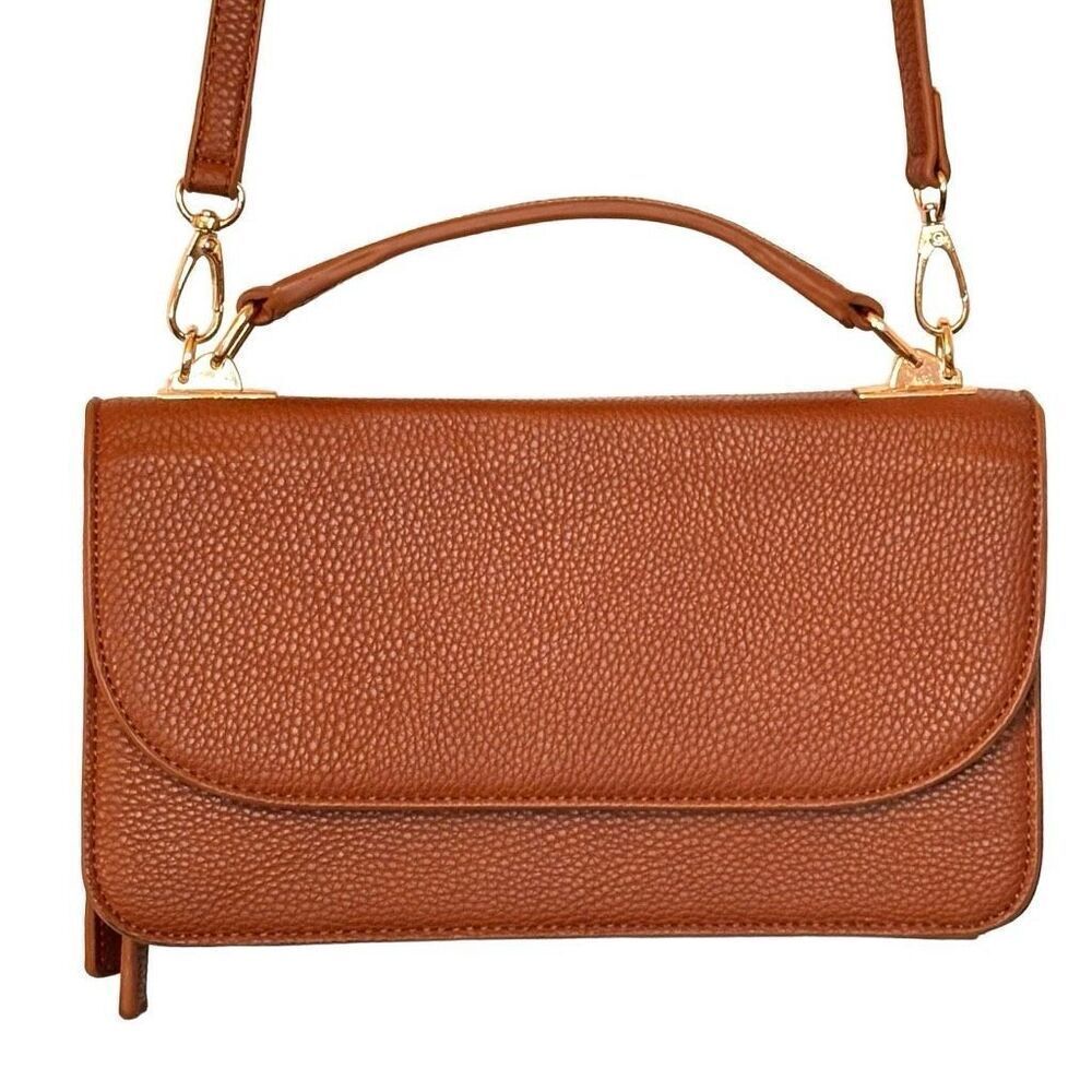 Miztique Pebbled Vegan Leather Top Handle Wallet Crossbody Bag Brown Small